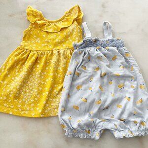 Carter's Blue Pinstriped Lemon Romper and Baby Gap Yellow Dress Size 18 Months